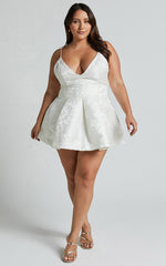 Gemima Mini Dress - Strappy Plunge Neck Fit and Flare Dress in White