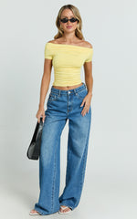 Gena Top - Off Shoulder Gathered Short Sleeve Top in Pastel Yellow