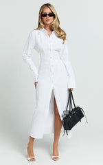Genevieve Midi Dress - Slim Shirt Dress in White