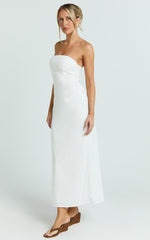 Genni Midi Dress - Strapless A Line Linen Blend Dress in White