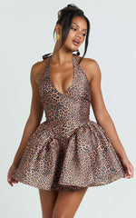 Georgine Mini Dress - Leopard Print Halter Deep V Fit And Flare Dress in Leopard Luxe