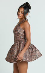Georgine Mini Dress - Leopard Print Halter Deep V Fit And Flare Dress in Leopard Luxe