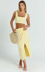 Gibson Two Piece Top and Skirt Set - Linen Crop Top and Knot Front Midi Skirt Set in Yellow
