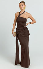 Ginny Maxi Dress - Asymmetric Neck Waist Tie Dress in Chocolate