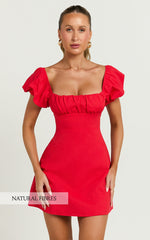 Ginny Mini Dress - Square Neck Ruched Bodice Puff Sleeve Straight Dress in Red