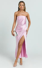 Glenda Midi Dress - Satin Strapless Side Split Dress in Pink