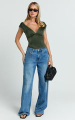 Gloria Top - V Neck Lace Detail Cap Sleeve Top in Sage