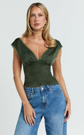 Gloria Top - V Neck Lace Detail Cap Sleeve Top in Sage