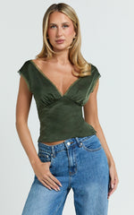 Gloria Top - V Neck Lace Detail Cap Sleeve Top in Sage