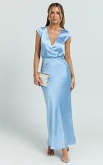 Hailey Midi Dress - Cap Sleeve V Neck Dress in Blue
