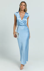 Hailey Midi Dress - Cap Sleeve V Neck Dress in Blue