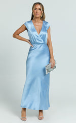Hailey Midi Dress - Cap Sleeve V Neck Dress in Blue