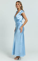 Hailey Midi Dress - Cap Sleeve V Neck Dress in Blue