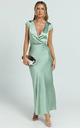 Hailey Midi Dress - Cap Sleeve V Neck Dress in Sage