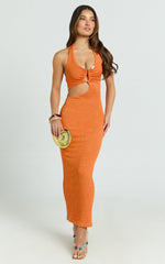 Halle Midi Dress - Halterneck Cutout Fitted Jersey Dress with Hardware Detail in Orange