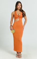 Halle Midi Dress - Halterneck Cutout Fitted Jersey Dress with Hardware Detail in Orange
