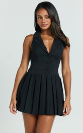 Hannah Mini Dress - Tailored Button Down Pleated Mini Dress in Black