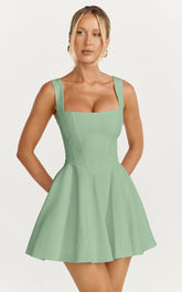 Harmony Mini Dress - Wide Strap Square Neck Fit And Flare Dress in Sage