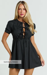Hattie Mini Dress - Tie Front Puff Sleeve Dress in Black