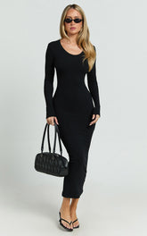 Hawkins Midi Dress - Long Sleeve Bodycon Dress in Black