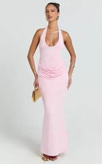 Heath Maxi Dress - Scoop Halter Neck With Drape Front Skirt Back Split Dress in Pink