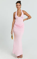 Heath Maxi Dress - Scoop Halter Neck With Drape Front Skirt Back Split Dress in Pink