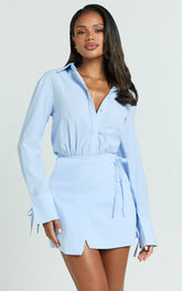 Heath Mini Dress - Collared Button Up Shirt Dress in Blue Stripe