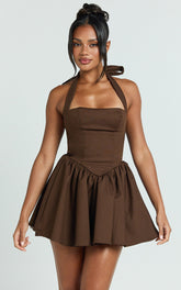 Helda Mini Dress - Halter Tie Neck Corset Panel Dress in Chocolate