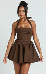 Helda Mini Dress - Halter Tie Neck Corset Panel Dress in Chocolate