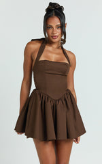 Helda Mini Dress - Halter Tie Neck Corset Panel Dress in Chocolate