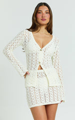 Henrietta Top - Long Sleeve Button Front V Neck Knit Top in Off White