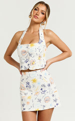 Hera Two Piece Set - Linen Square Neck Halter Vest Top And Mini Skirt Set in Soleil Print