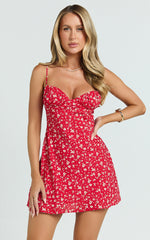 Hilton Mini Dress - Ruched Bust Slip Dress in Red Floral