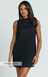 Hughes Mini Dress - Linen Look A Line Shift Dress in Black