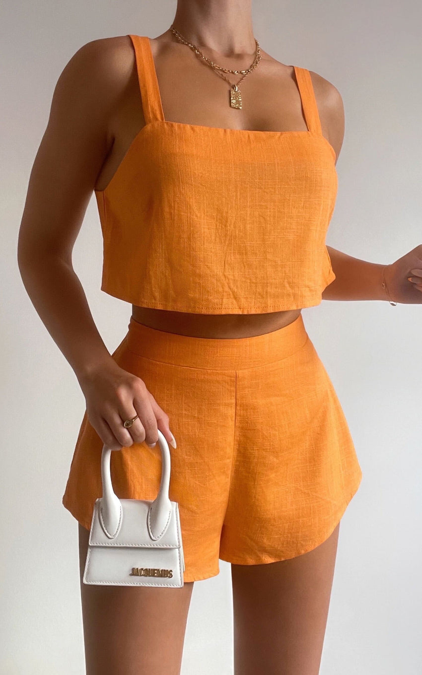 Zanrie Two Piece Set - Linen Square Neck Crop Top and High Waist Mini Flare Shorts Set in Orange