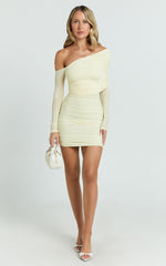 Imelda Mini Dress - Tipped Off Shoulder Long Sleeve Ruched Fitted Skirt Dress in Lemon