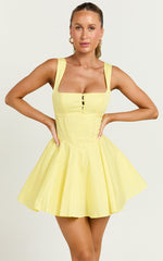 Indi Mini Dress - Square Neckline Lace Up Back Dress in Lemon