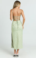 Indiana Midi Dress - Jacquard Square Neck Lace Back Fitted Dress in Green