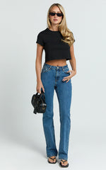 Inez Jeans - Mid Rise Slim Straight Bootcut Jeans in Dark Blue Wash