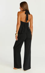 Ingrid Two Piece Set - Knot Detail Halter Neck Top and Wide Leg Pants Set in Black