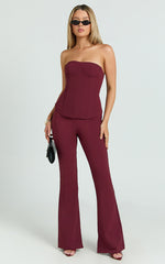 Irene Pants - Mid Rise Split Hem Bootleg Pants in Wine