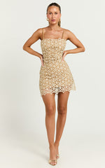 Ivy Mini Dress - Strappy Straight Neck Lace Detail Dress in Natural