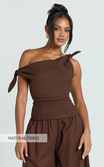 Ivy Top - Linen Off Shoulder Tie Top in Chocolate