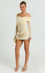 Jade Mini Dress - Long Sleeve Off Shoulder Draped Bias Cut Dress in Cream