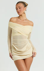 Jade Mini Dress - Long Sleeve Off Shoulder Draped Bias Cut Dress in Cream