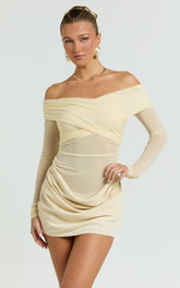 Jade Mini Dress - Long Sleeve Off Shoulder Draped Bias Cut Dress in Cream