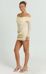 Jade Mini Dress - Long Sleeve Off Shoulder Draped Bias Cut Dress in Cream