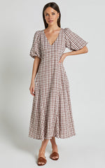 Jameela Midi Dress - V Neck Short Puff Sleeve Godet A Line Smock Dress in Chocolate Gingham