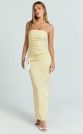Jamie Maxi Dress - Strapless Ruched Fitted Column Dress in Lemon