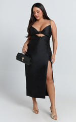 Janice Midi Dress - Knot Detail Front Split Dress in Black